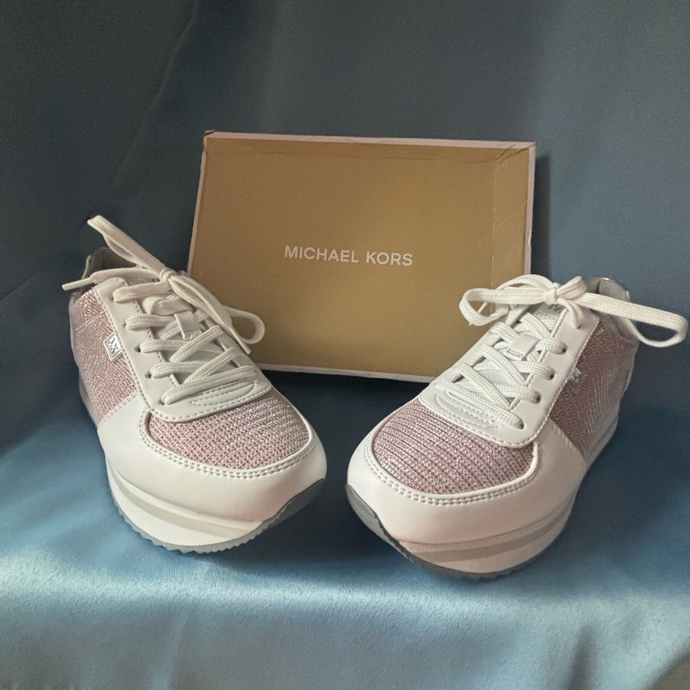 NWOT, Women’s Michael Kors Monique Trainer, Pink/white/silver, size 8.5